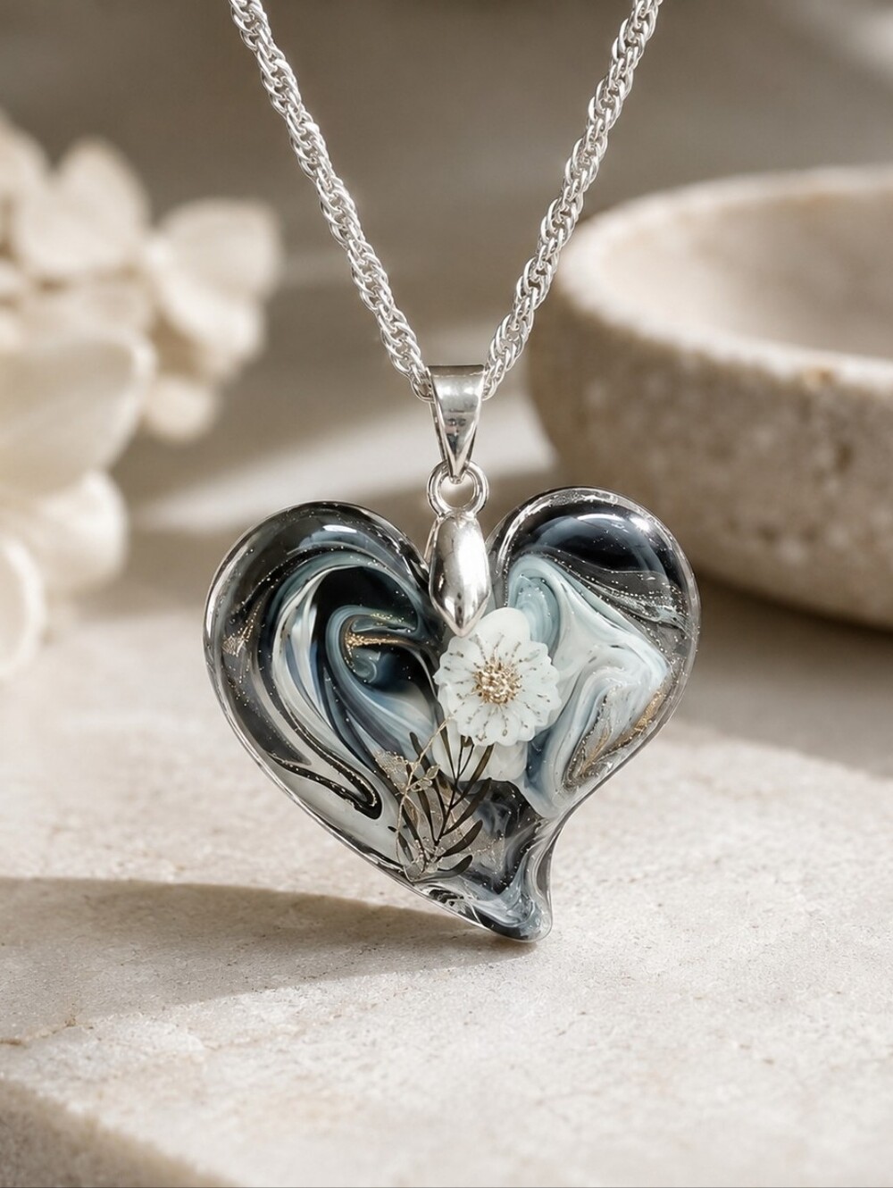 Heart Pendant Necklace with White Flower Accent - Clear, Black, White and Gold